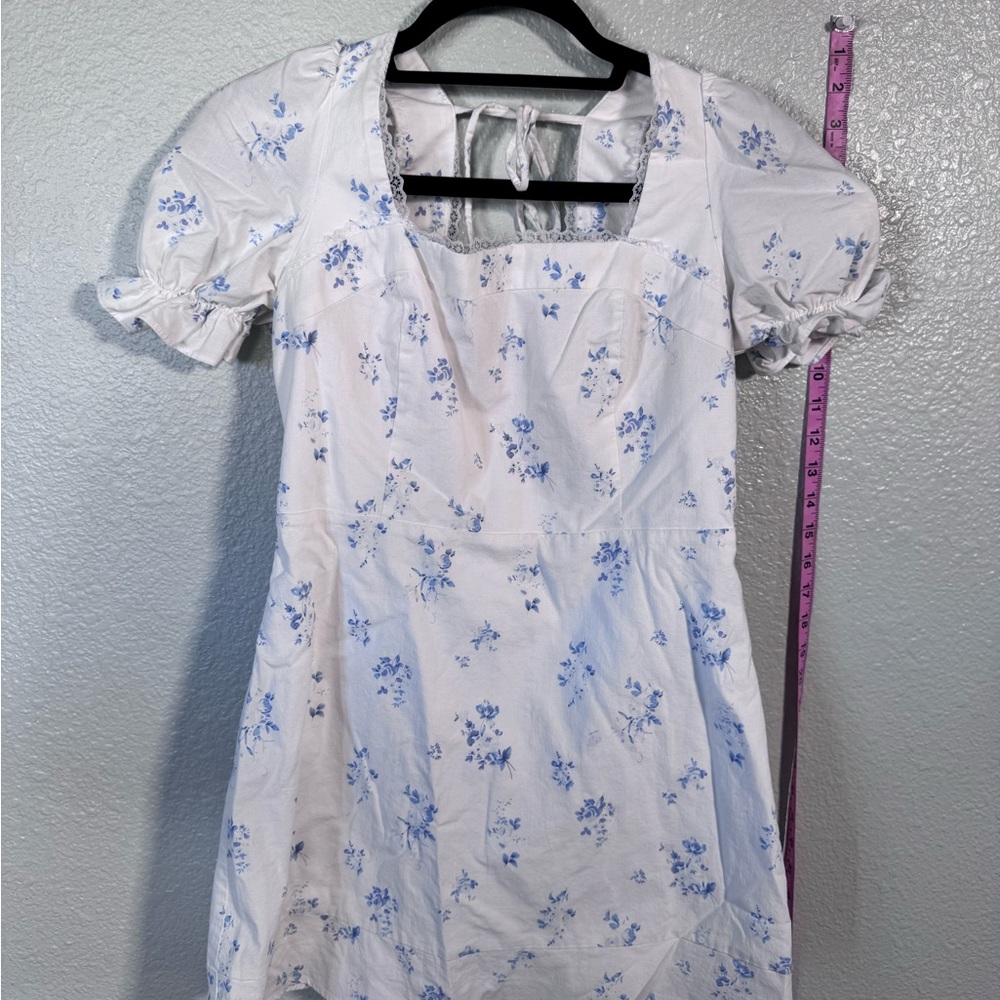 Altar'd State Blue and White Floral Lace-Trim Puff Sleeve Mini Dress